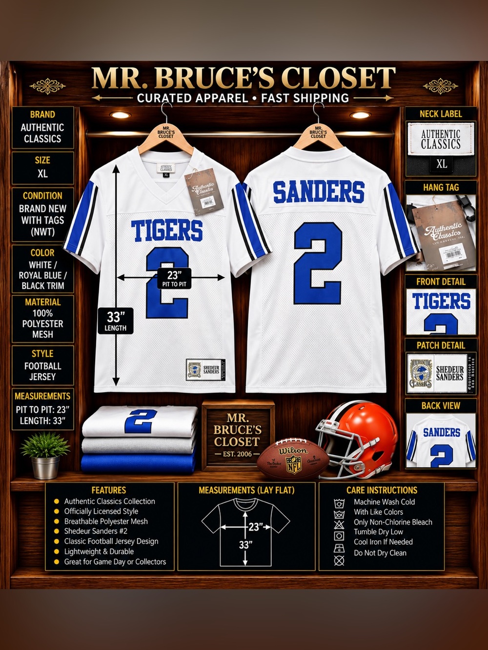 Shedeur Sanders #2 Tigers High School Football Jersey White Blue XL NWT